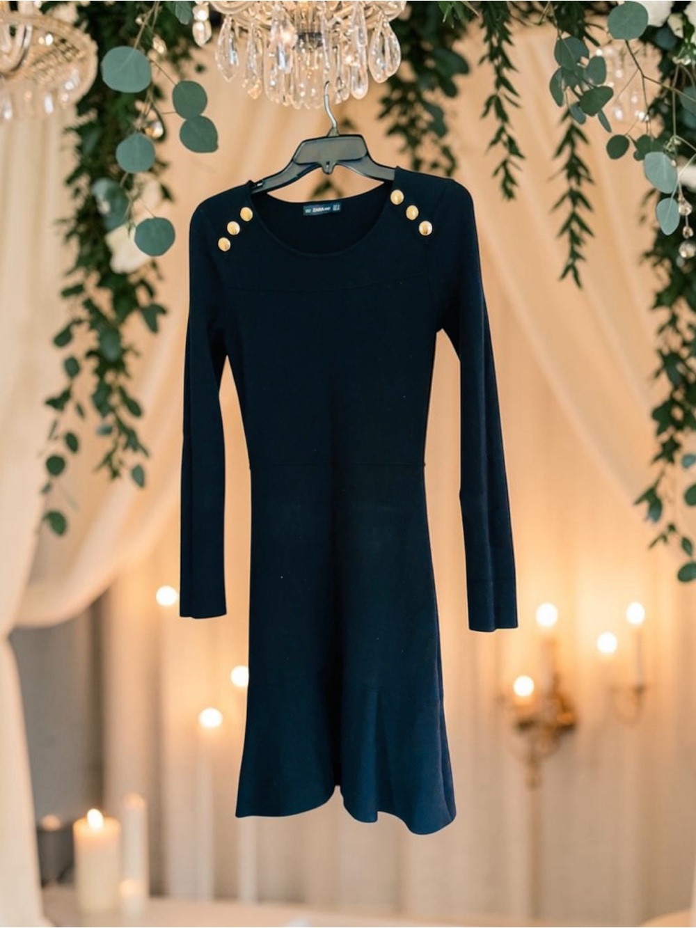 Zara Black Long Sleeve Knit Dress with Gold Shoulder Buttons